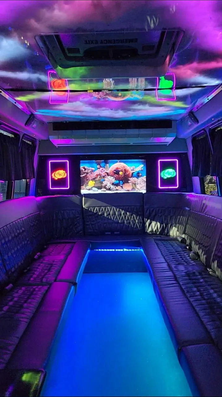 2019 Luxury Party Bus (Dark Shadow) limo rental, interior view: perimeter lounge seating, LED accent lighting and LED ceiling lighting