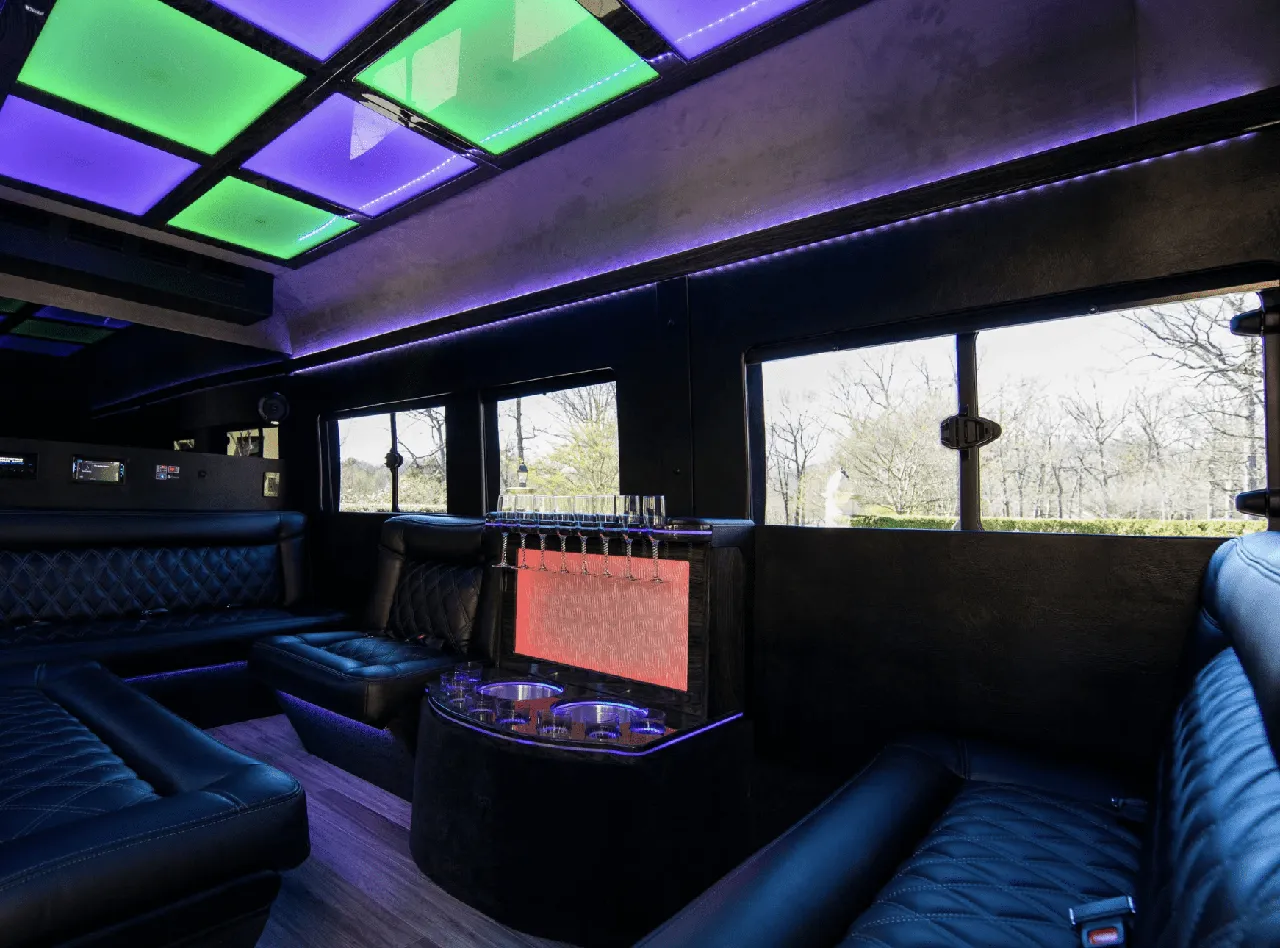 Ford Limousine Van rental, interior view: sofa-style seating, LED accent lighting and LED ceiling lighting #2