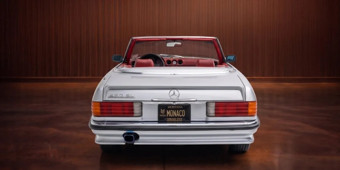 Silver Mercedes Benz 450 SL exterior with convertible roof, photo 4 for wedding car rental