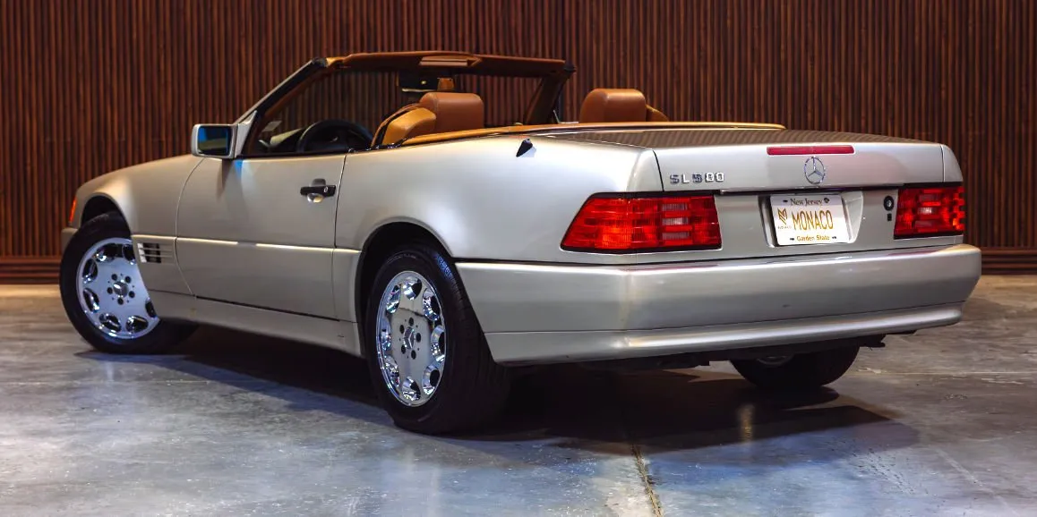 Silver Mercedes Benz SL500 exterior with convertible roof, photo 4 for wedding car rental