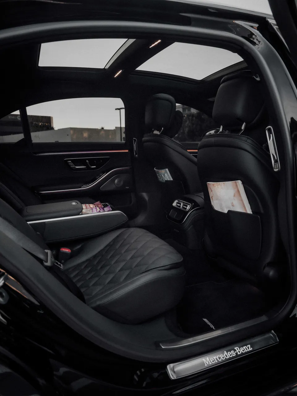 Mercedes S Class interior with LED accent lighting for wedding car rental