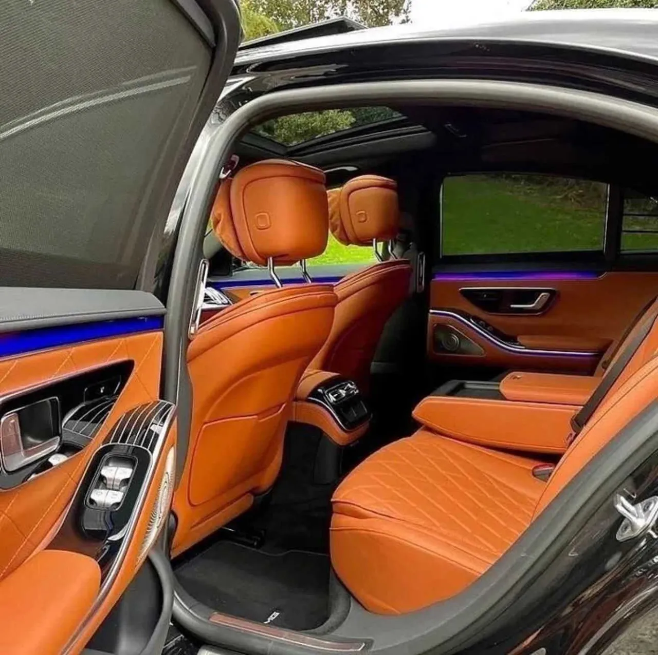Mercedes S Class interior with LED accent lighting for wedding car rental