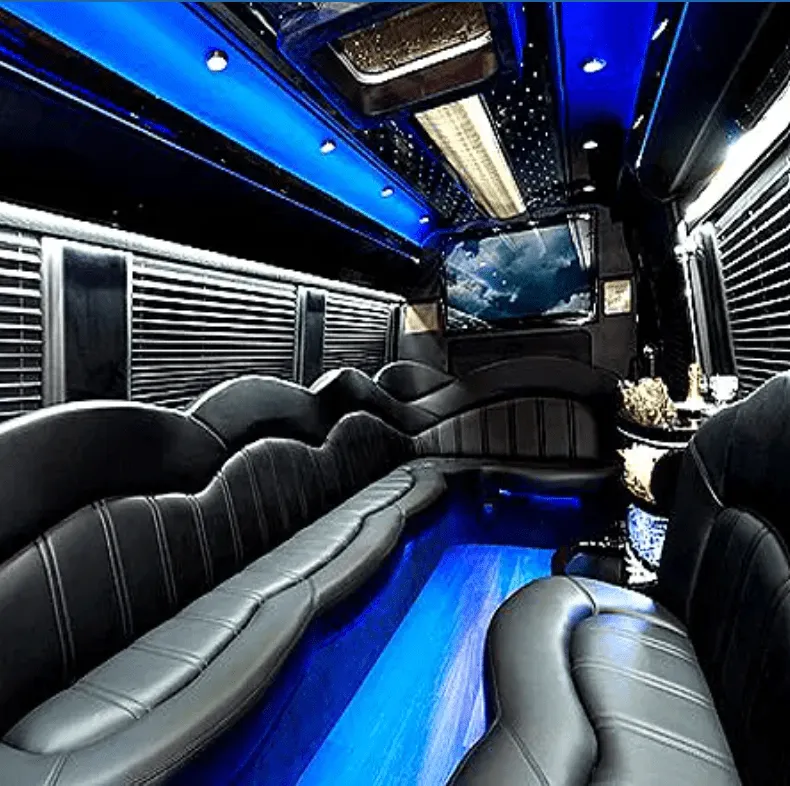 Mercedes-Benz Sprinter Limousine rental, interior view: perimeter lounge seating, window shades and LED accent lighting