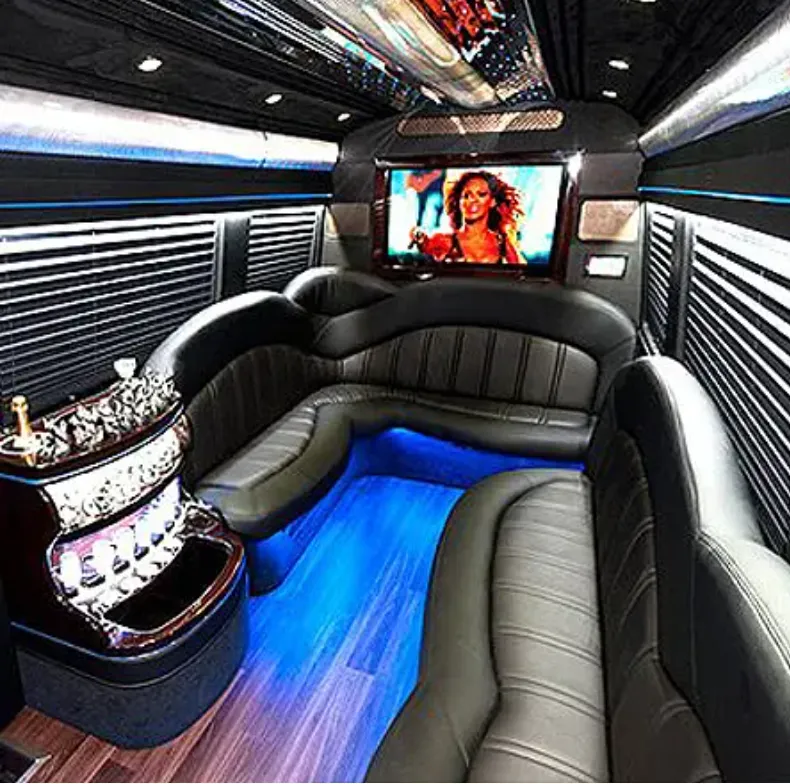 Mercedes-Benz Sprinter Limousine rental, interior view: perimeter lounge seating, window shades and LED accent lighting