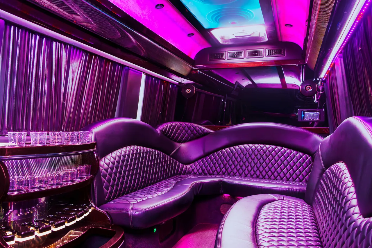 Mercedes-Benz Sprinter Limousine rental, interior view: sofa-style seating, window shades and LED ceiling lighting