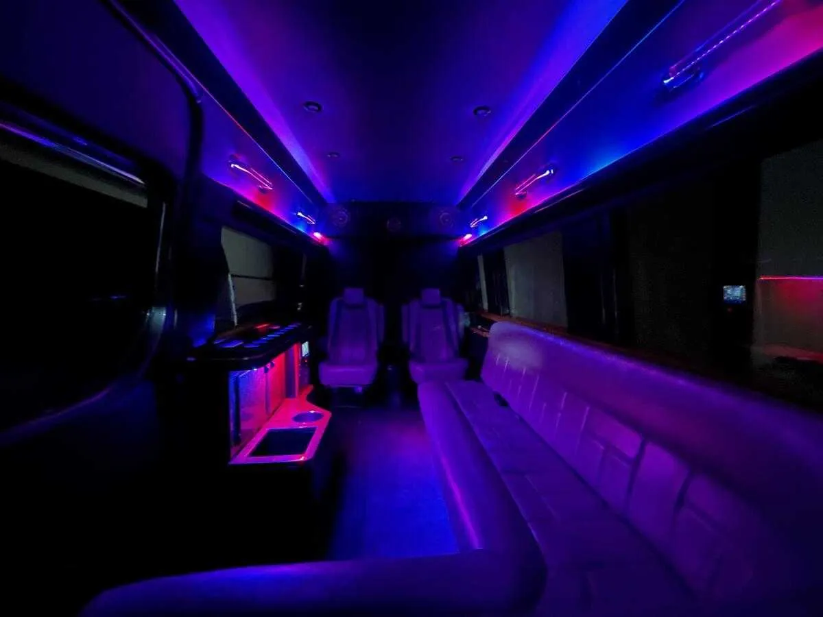 Mercedes-Benz Sprinter Limousine rental, interior view: sofa-style seating, captain's chairs and LED accent lighting #3