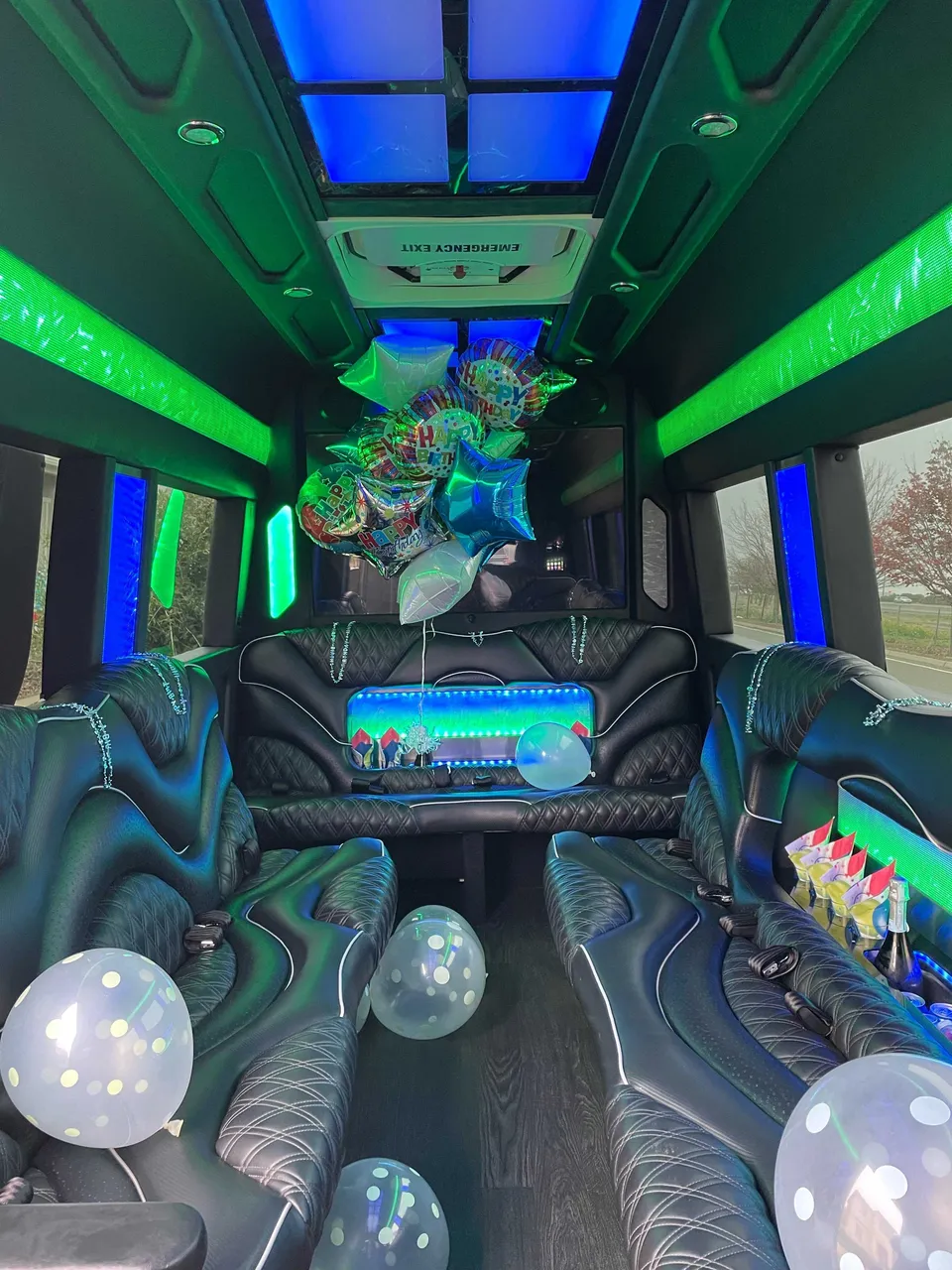 Mercedes-Benz Sprinter Limousine rental, interior view: perimeter lounge seating, LED accent lighting and LED ceiling lighting