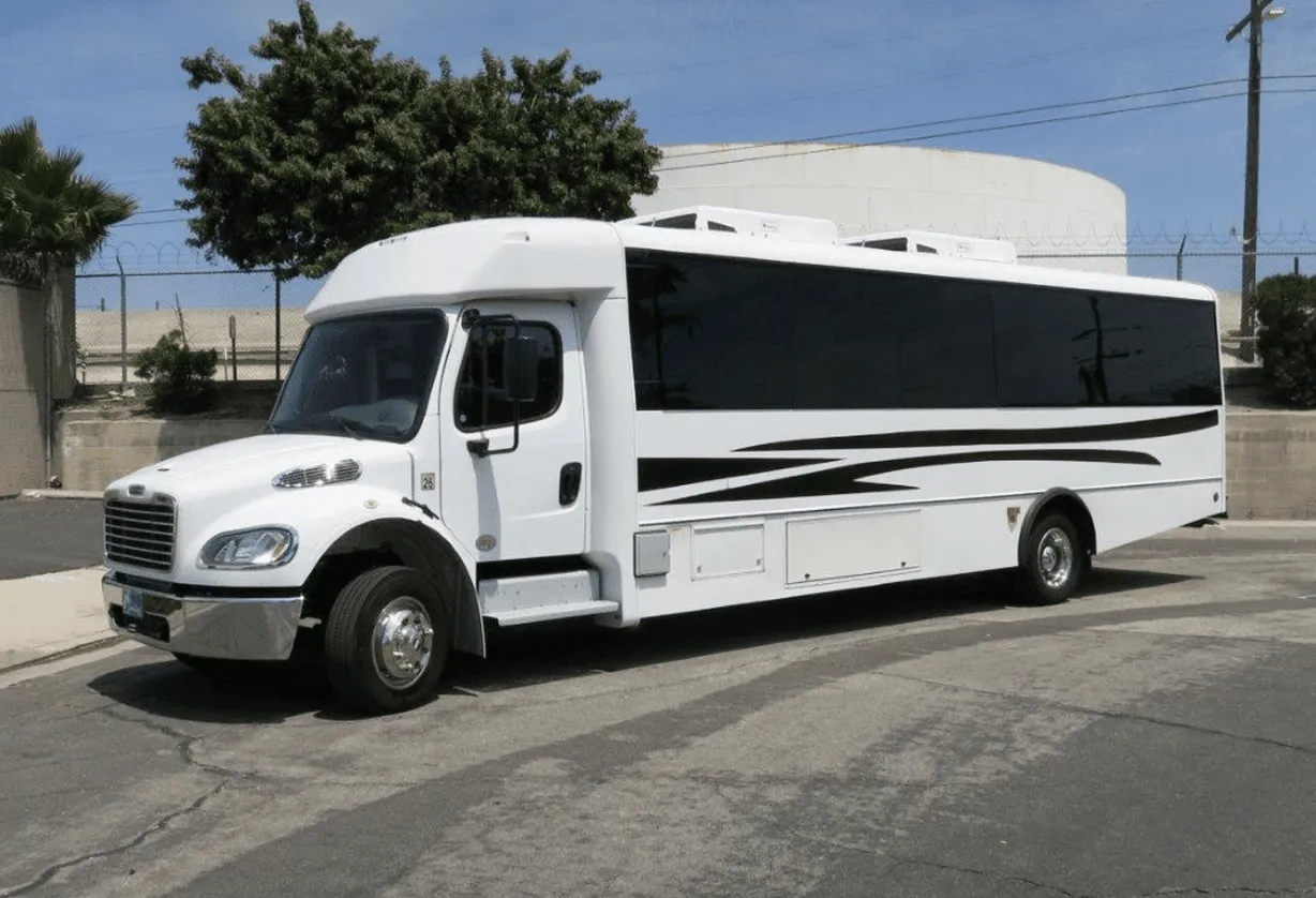 White 26 Passenger Party Bus limo rental, bodywork: tinted windows