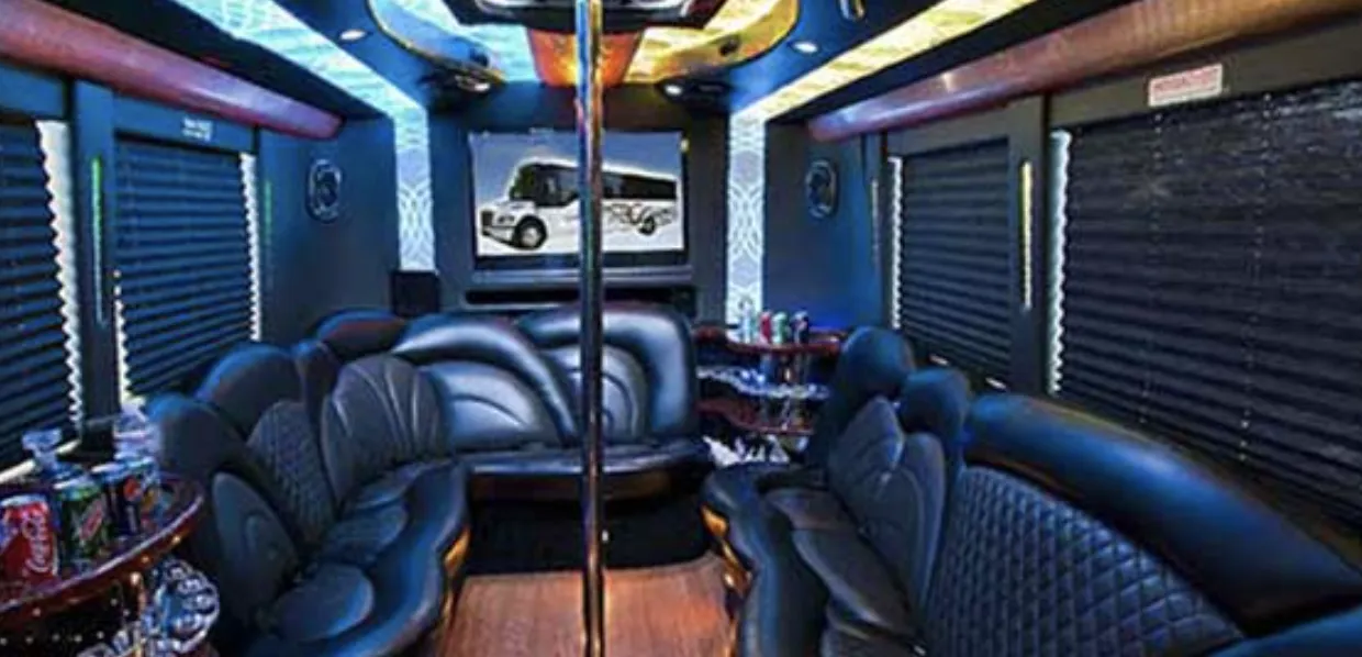 24 Passenger Party Bus limo rental, interior view: perimeter lounge seating, sofa-style seating and window shades