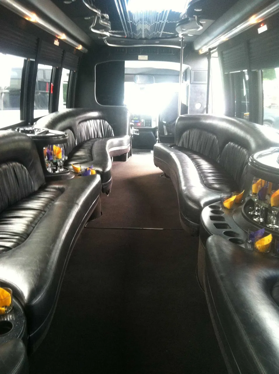 Party Bus - Dean Martin interior with perimeter lounge seating, cup holders and window shades for limo rental in Manlius, NY