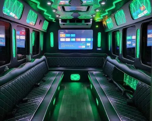 Ford F550 Party Bus limo rental, interior view: perimeter lounge seating, LED accent lighting and LED ceiling lighting