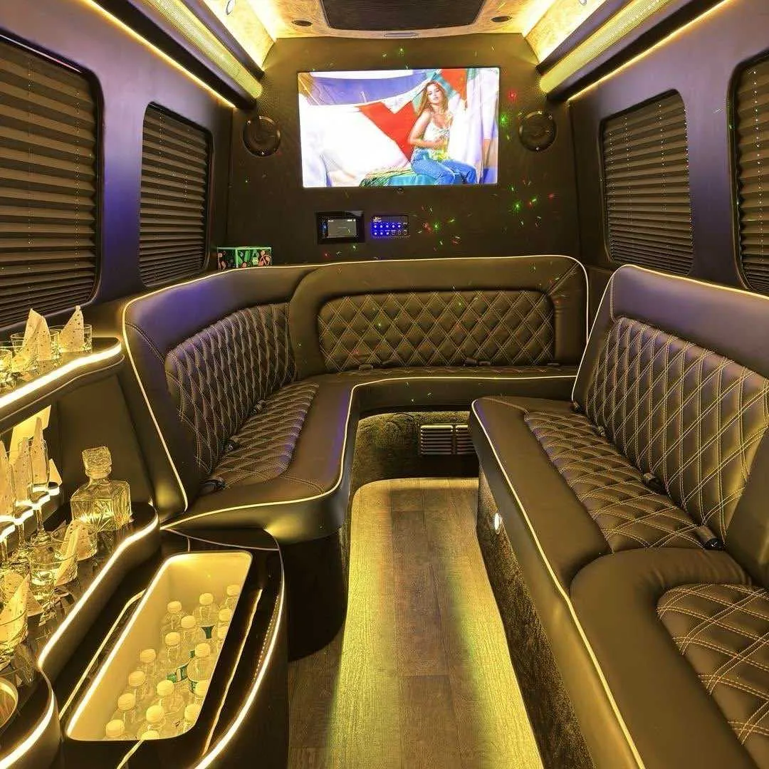 Party Limousine Sprinter rental, interior view: sofa-style seating, window shades and LED accent lighting