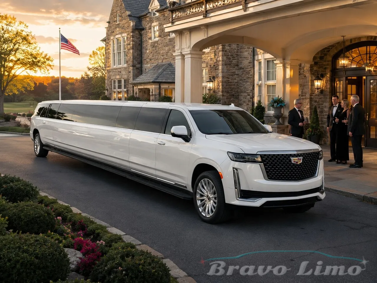 White Cadillac Escalade Limousine — Advertised 20–24 Maximum for limo rental