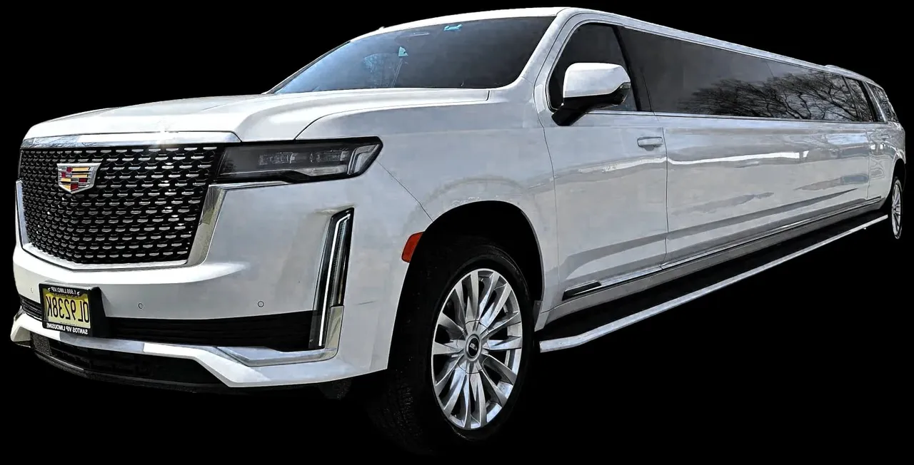 White Cadillac Escalade Super Stretch Limousine for limo rental