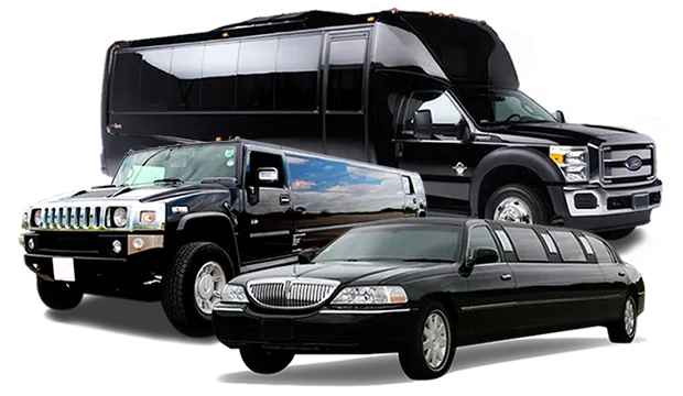 A lineup of black chauffeur vehicles: a coach, a minibus, a stretch Hummer, a Lincoln stretch limousine, executive sedans and a party bus