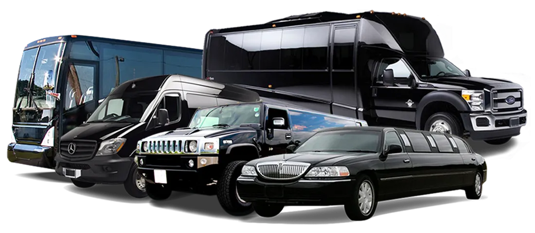 A lineup of black chauffeur vehicles: a coach, a minibus, a stretch Hummer, a Lincoln stretch limousine, executive sedans and a party bus