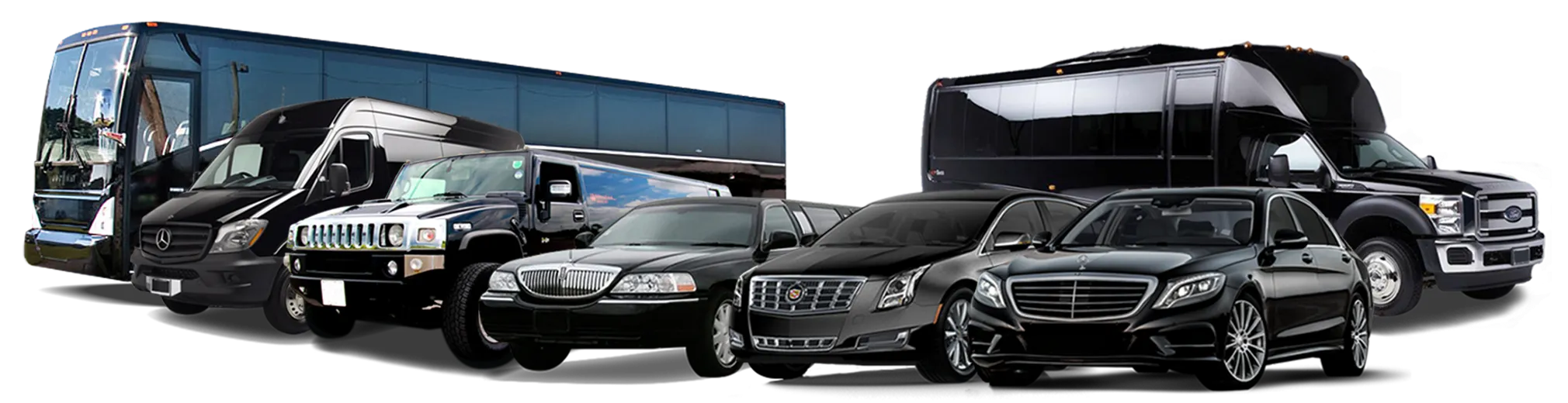 A lineup of black chauffeur vehicles: a coach, a minibus, a stretch Hummer, a Lincoln stretch limousine, executive sedans and a party bus